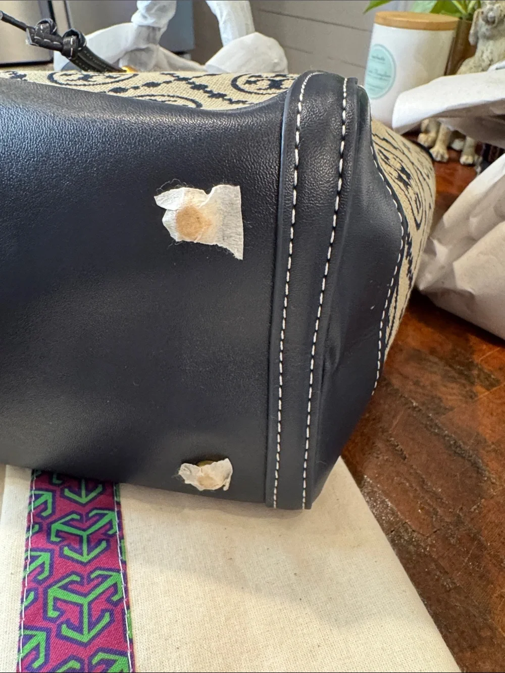 Tory Burch Navy and Cream Logo Canvas Tote with Gold Hardware